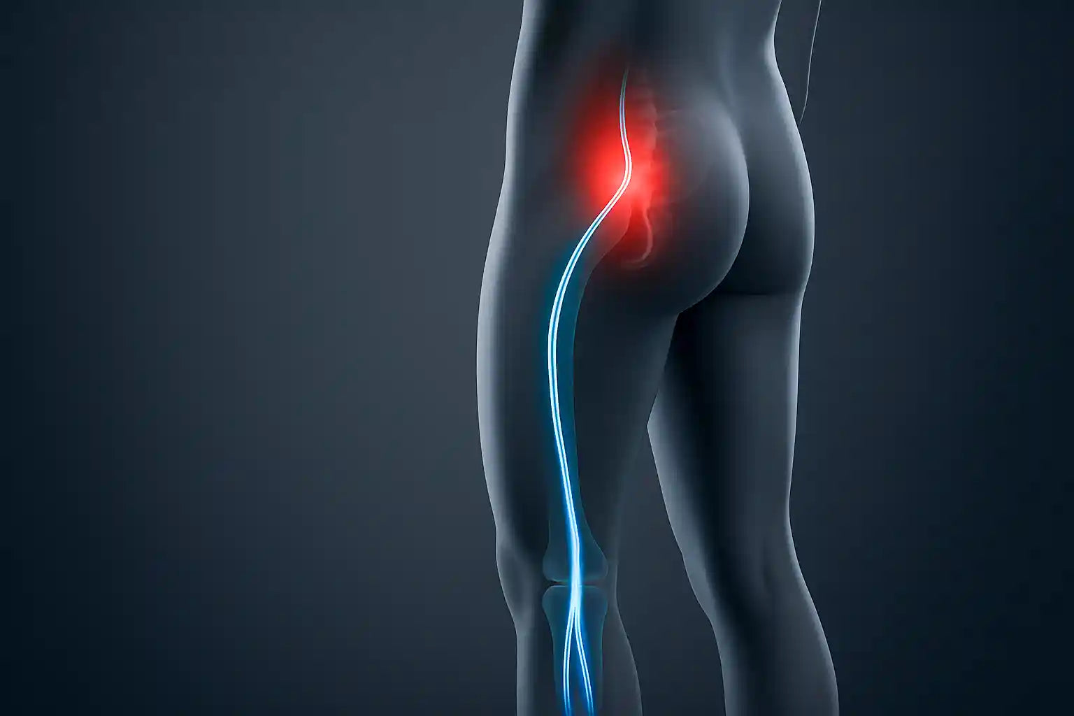 Schéma anatomique montrant la compression du nerf sciatique par le muscle piriforme, cause de la douleur.