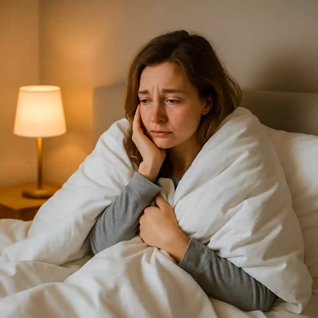Personne dans un lit confortable, se blottissant sous une couette pour illustrer la sensation de froid et les tremblements nocturnes, un problème de santé courant.