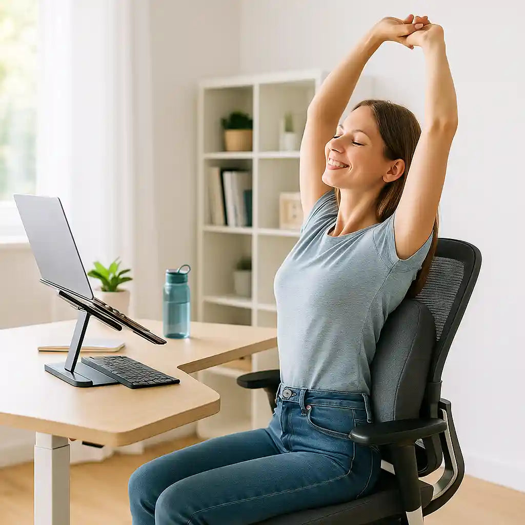 Poste de télétravail ergonomique optimisé pour éviter le mal de dos, avec un support d'écran, un coussin lombaire et un repose-pieds assurant une posture parfaite.