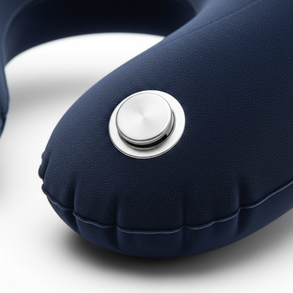 TravelPillow Pro™ - Détail valve gonflage et tissu microfibre - Qualité premium - Ajustable