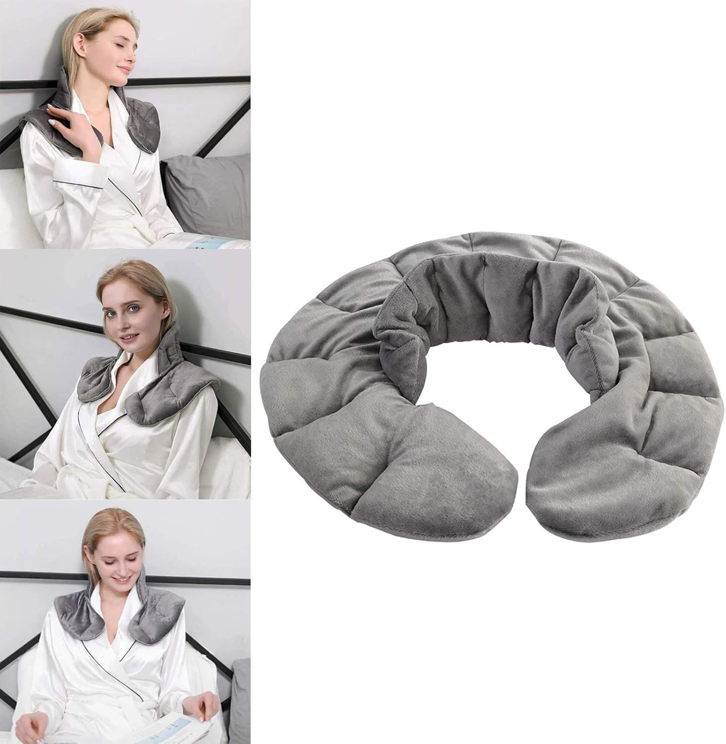 Vue multiple du coussin chauffant aux graines de lin porté par différentes femmes