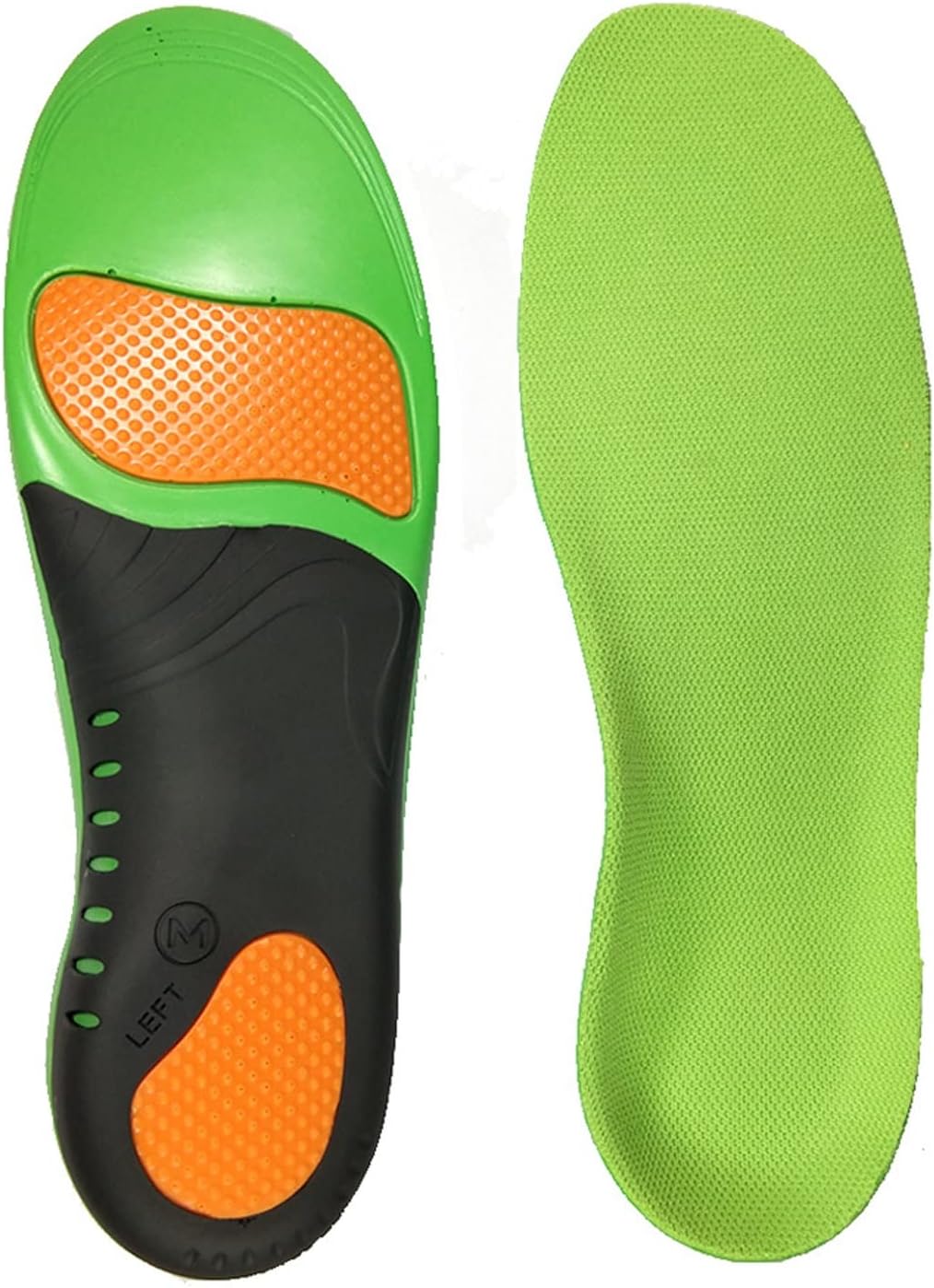 Vue à plat des semelles PostureStep™, illustrant les zones d'absorption des chocs au talon et à l'avant-pied.