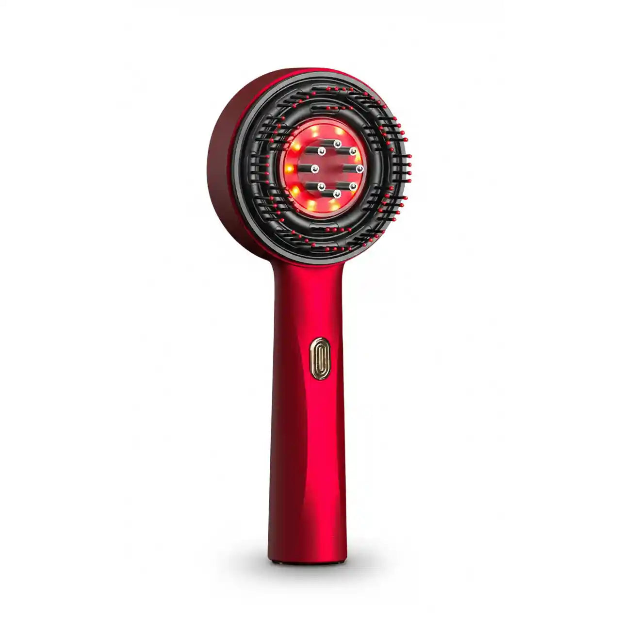Brosse de soin capillaire DermaScalp™ rouge, montrant la tête de massage avec les lumières de thérapie rouge activées.