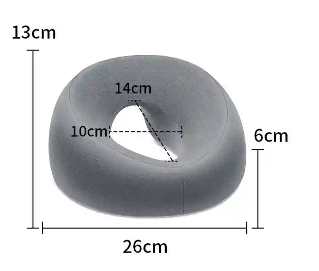 Schéma technique du coussin de vitrectomie ErgoVisage™ montrant ses dimensions et son design ergonomique pour un soutien facial optimal.
