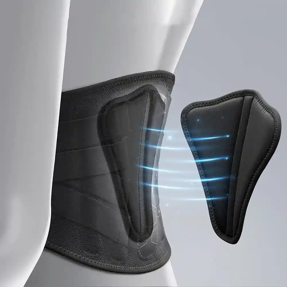 Vue éclatée de la ceinture SpineLock™ et de son panneau de soutien lombaire amovible pour un confort ajustable.