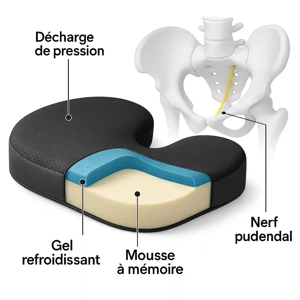 Illustration en coupe du Coussin Névralgie Pudendale avec repères sur gel refroidissant, mousse mémoire et localisation précise du nerf pudendal.