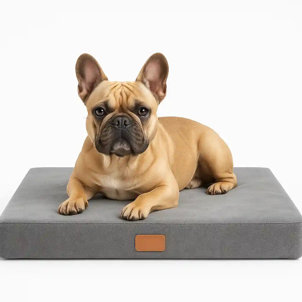 Bouledogue français fauve couché sur un coussin orthopédique gris pour soulager les douleurs dorsales.