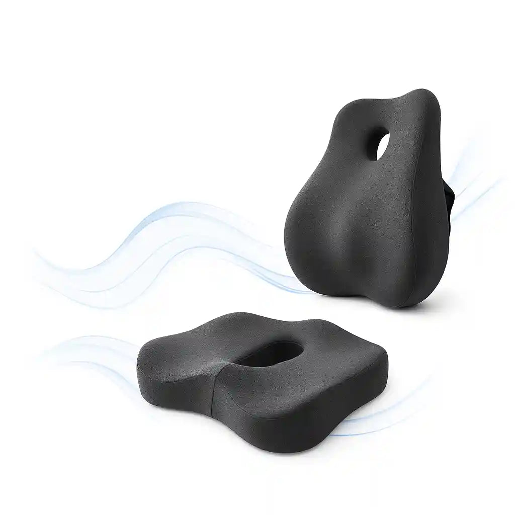 Les deux composants du système ErgoCore™ : le coussin de soutien lombaire pour corriger la posture et le coussin d'assise pour décompresser le coccyx.
