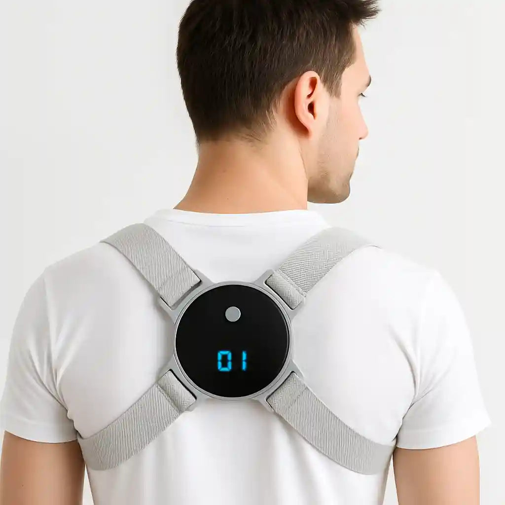 Homme portant le correcteur de posture intelligent PostureGuard™ sous leurs vêtements pour une correction discrète de la posture au quotidien.