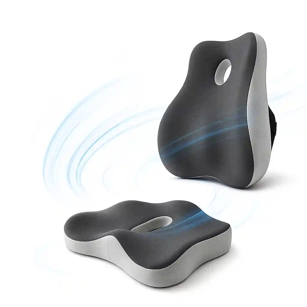 Système d'assise ergonomique 2-en-1 ErgoCore™, montrant le coussin lombaire et le coussin de siège en mousse à mémoire de forme pour un soutien dorsal et coccyx complet.