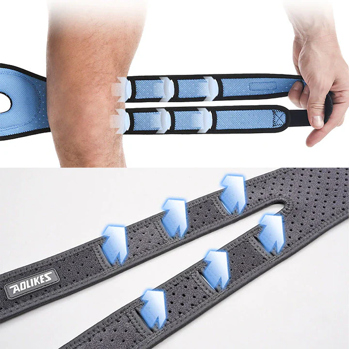 Schéma technique de la genouillère ArthroGuard™, détaillant les renforts internes et l'anneau en gel pour une stabilisation rotulienne optimale.