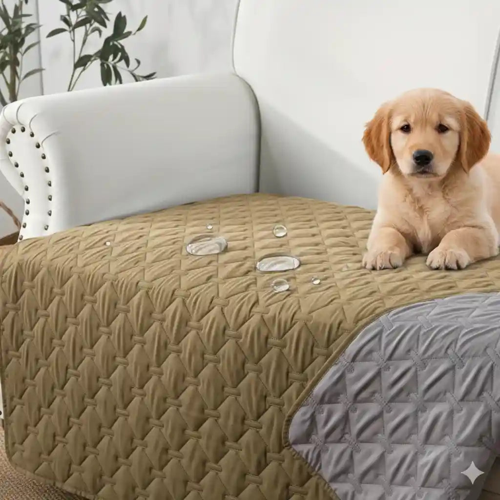Chiot Golden Retriever confortablement installé sur le protecteur de canapé imperméable Le Gardien™ couleur taupe, montrant des gouttes d'eau perlant sur le tissu matelassé.