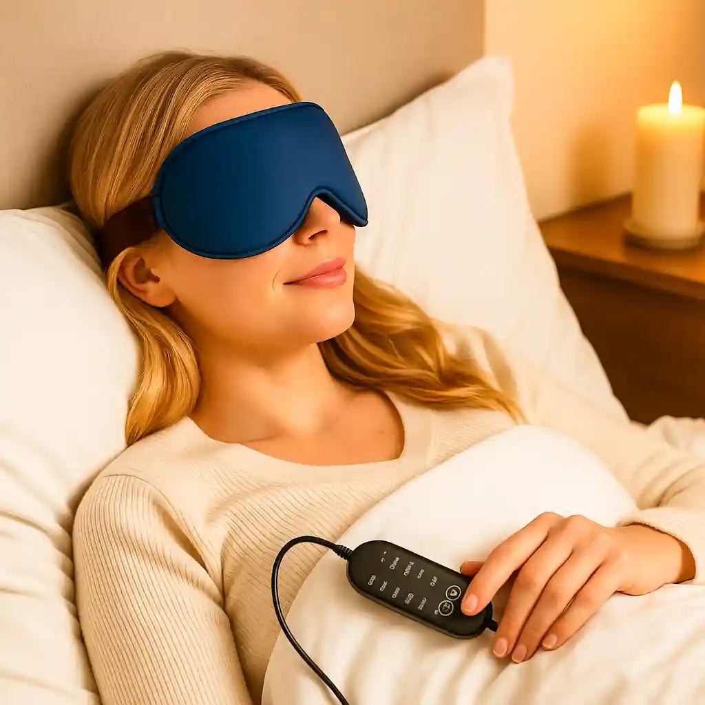 Femme se relaxant au lit avec le masque de sommeil chauffant AuraMask™, créant une ambiance de spa à domicile pour un repos profond.