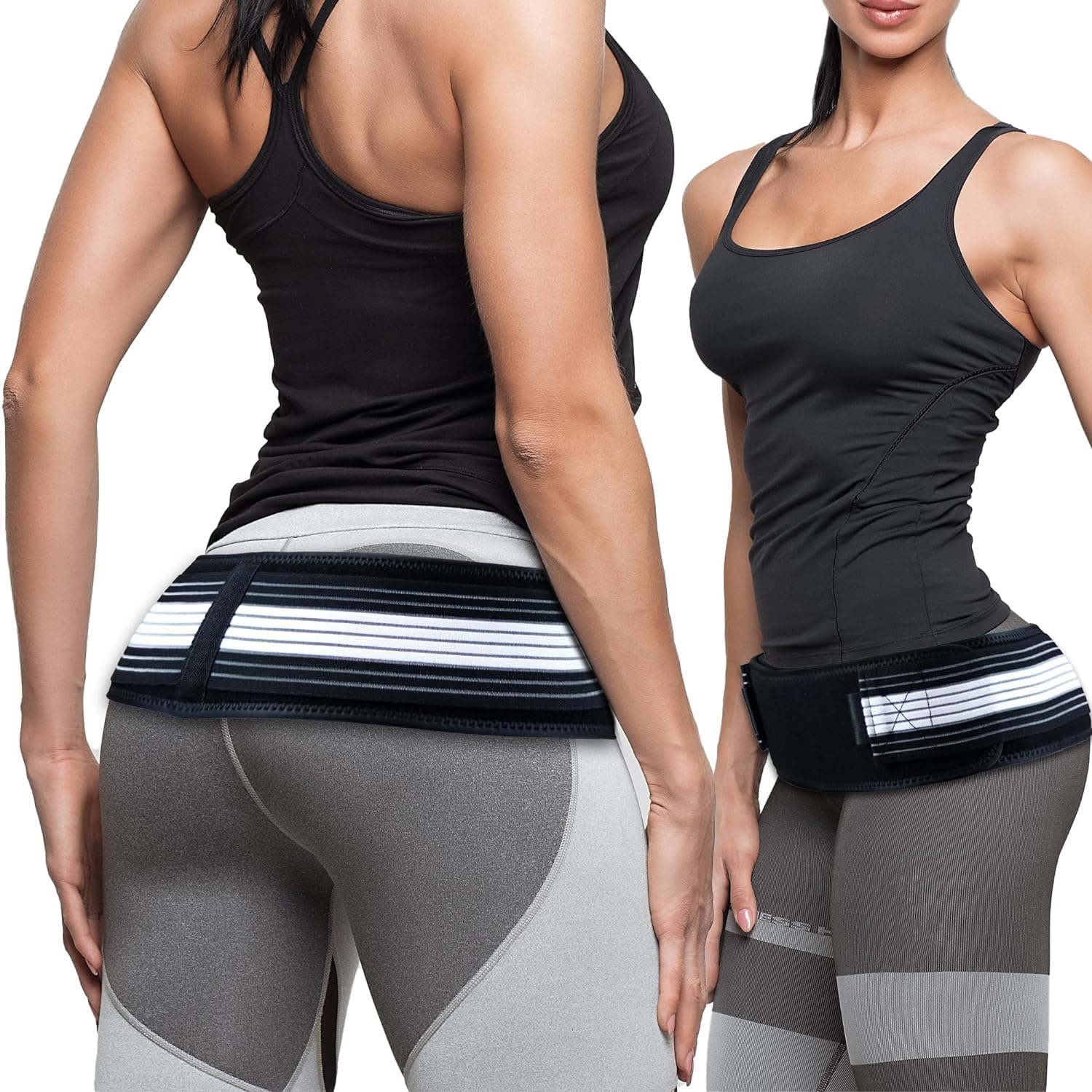 Vues de dos et de côté montrant le positionnement optimal de la ceinture PelviCore™ pour le soutien de l'articulation sacro-iliaque.