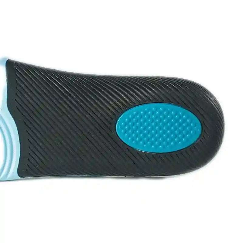 Gros plan sur le coussinet d'amorti en EVA au talon des semelles orthopédiques, conçu pour réduire l'impact sur les articulations.