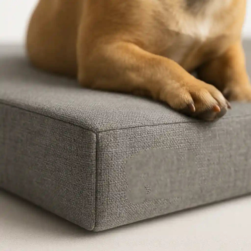 Gros plan sur la patte d'un bouledogue français sur le coussin orthopédique, montrant la texture du tissu.