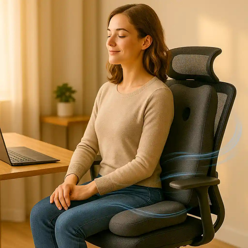 Femme travaillant confortablement à son bureau, assise sur le système d'assise ErgoCore™ qui assure un alignement parfait de sa colonne vertébrale.