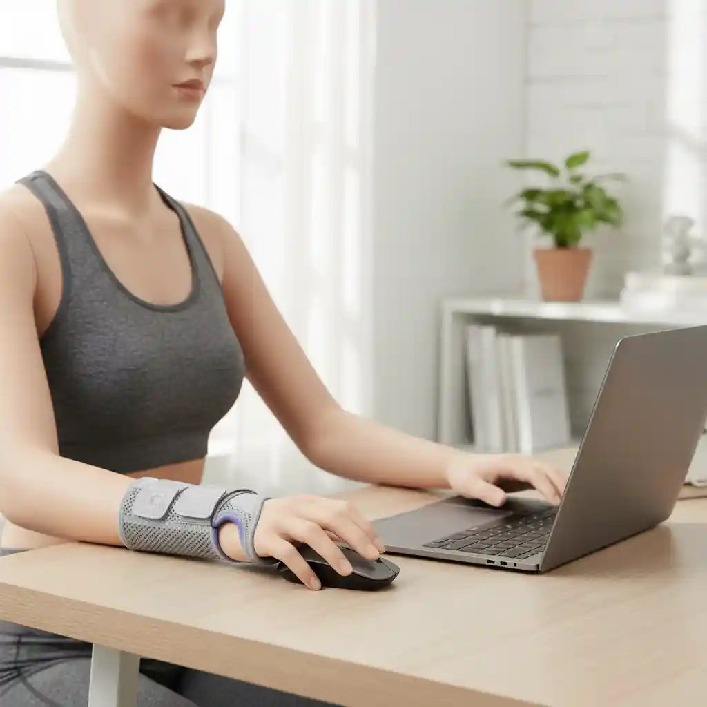 Femme travaillant sur un ordinateur portable avec une souris ergonomique, portant l'attelle de poignet CarpaGuard™ qui soutient son articulation sans gêner ses mouvements.