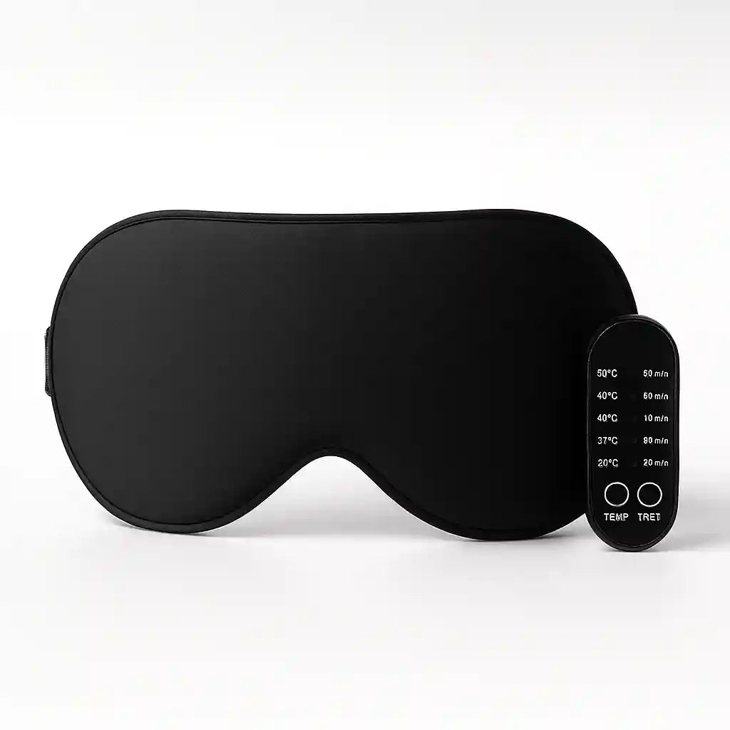 Le masque de sommeil chauffant AuraMask™ en couleur noir, montrant son design ergonomique et sa télécommande de contrôle.
