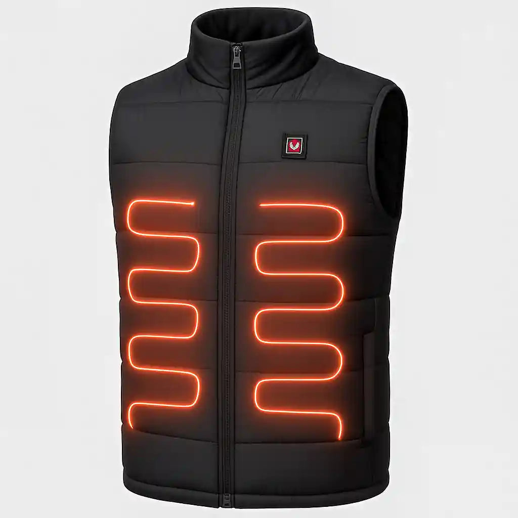Gilet chauffant USB ThermoShield™ noir avec illustration des 9 zones de chauffe en fibre de carbone pour le dos et l'abdomen.