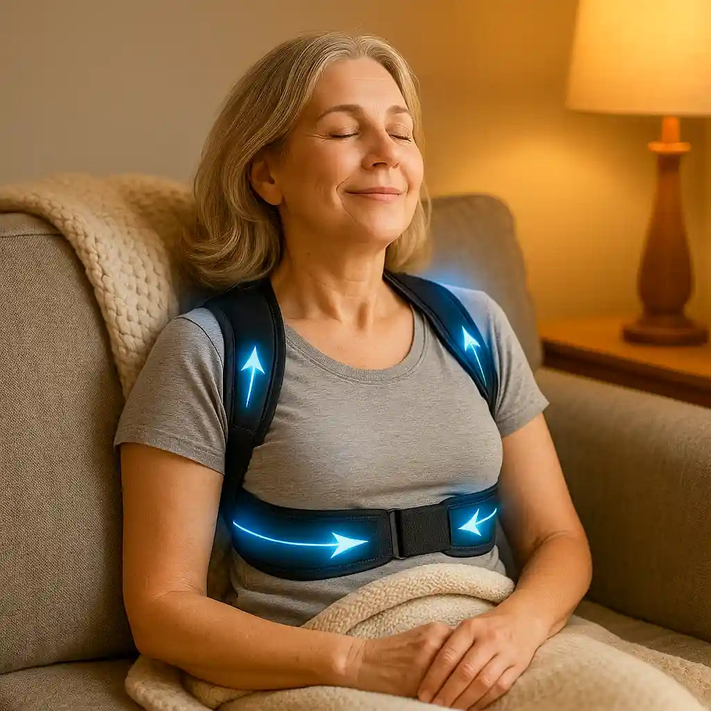 Femme souriante portant le soutien dorsal AlignPro™ tout en se relaxant sur un canapé, symbolisant le bien-être et le confort discret à la maison.