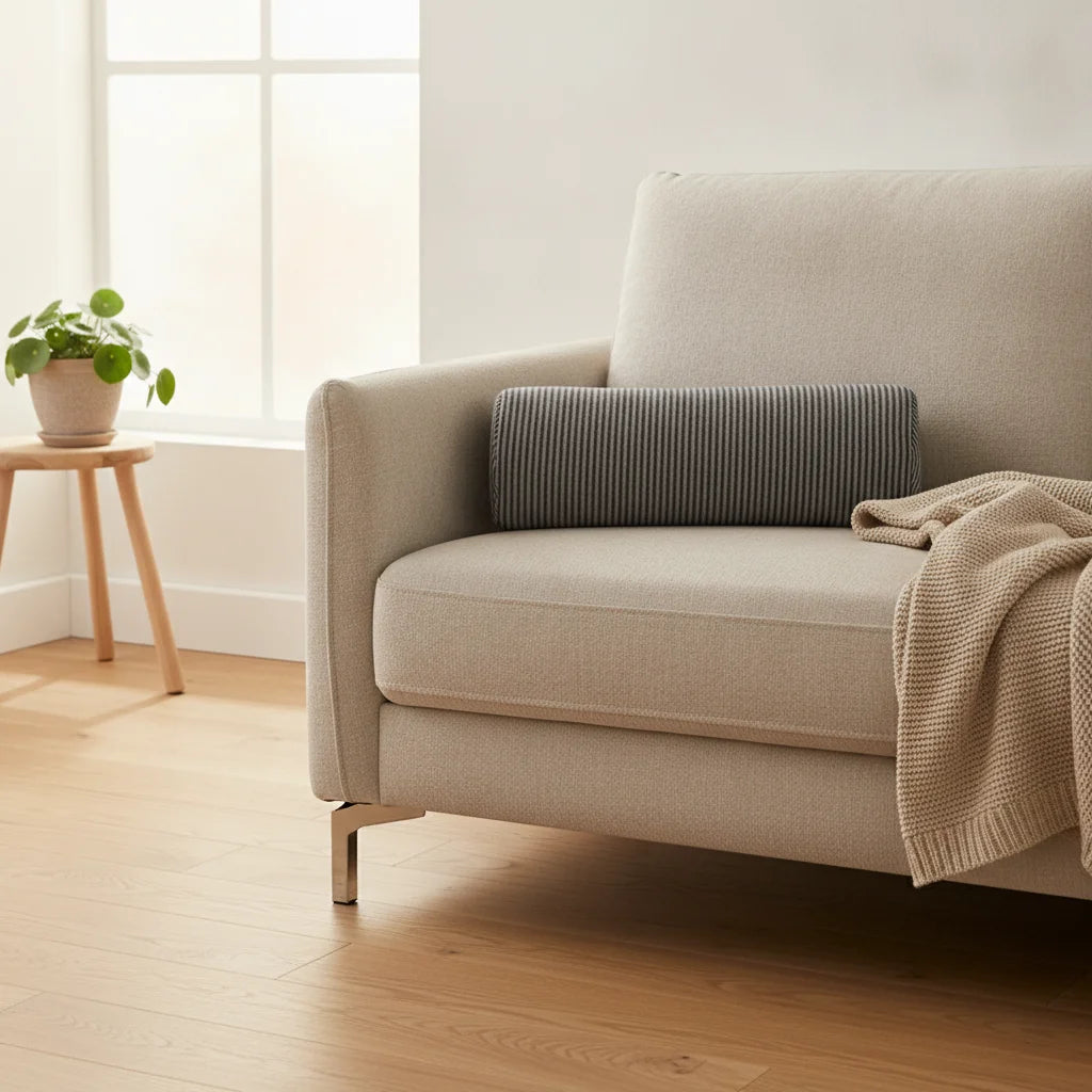 Coussin cylindrique multi-zones posé sur un canapé scandinave | Ergosia