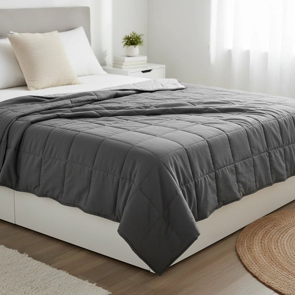 Couverture lestée adulte grise 7kg sur lit moderne scandinave