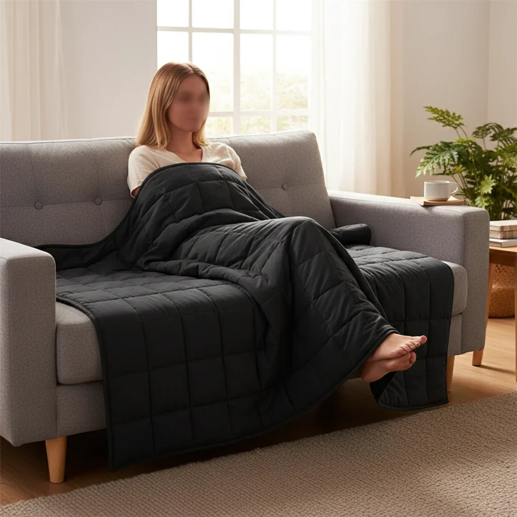 Couverture lestée en utilisation sur canapé | Ergosia