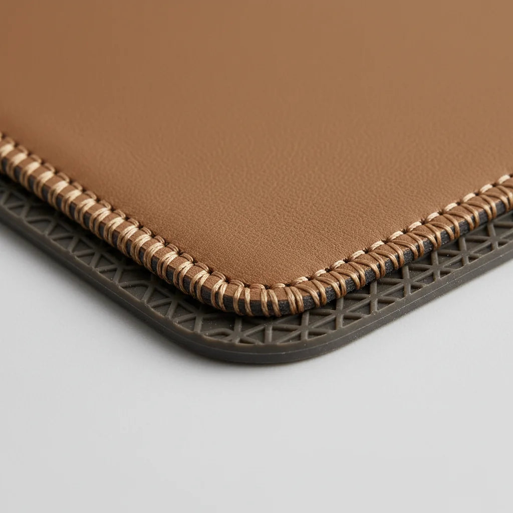 Détail bord surpiqué et surface cuir PU sous-main DeskZen
