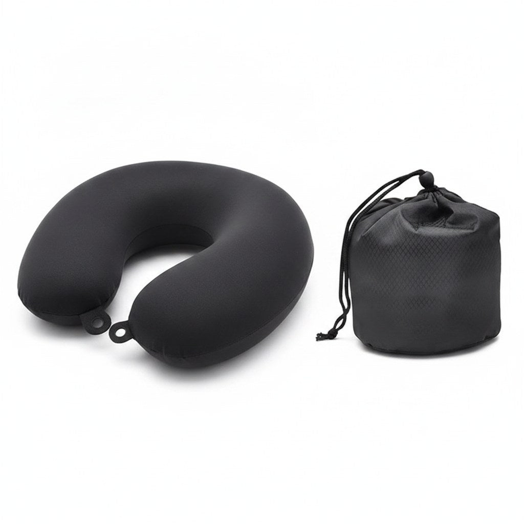 Coussin de voyage en U noir et sa pochette compacte de transport | Ergosia
