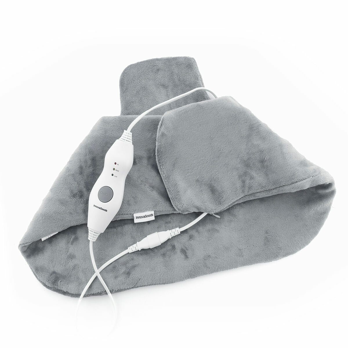Coussin chauffant cervical gris ergonomique plié, montrant la texture douce en micro-polaire.
