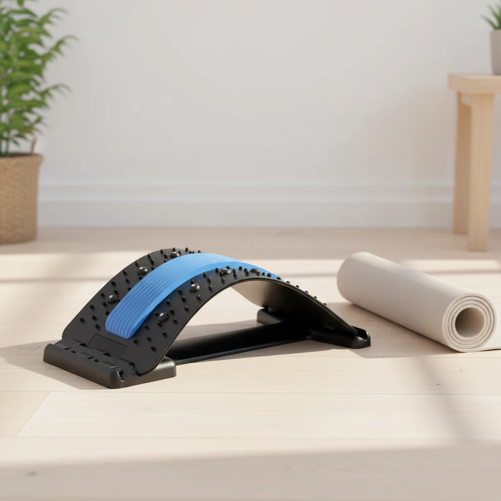 Étireur de dos SpineArc™ sur sol bois et tapis yoga | Ergosia