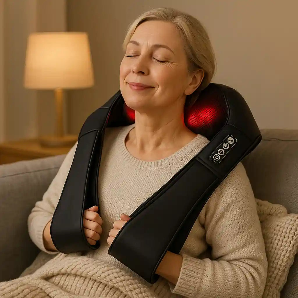 Femme âgée se relaxant sur un canapé, utilisant le masseur ShiatsuNeck Pro™ sur sa nuque, illustrant un soulagement des tensions pour les seniors.