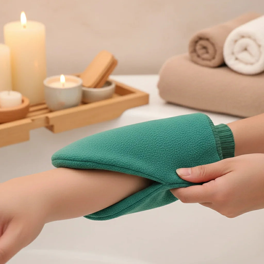 Utilisation gant exfoliant PureGlow sous la douche