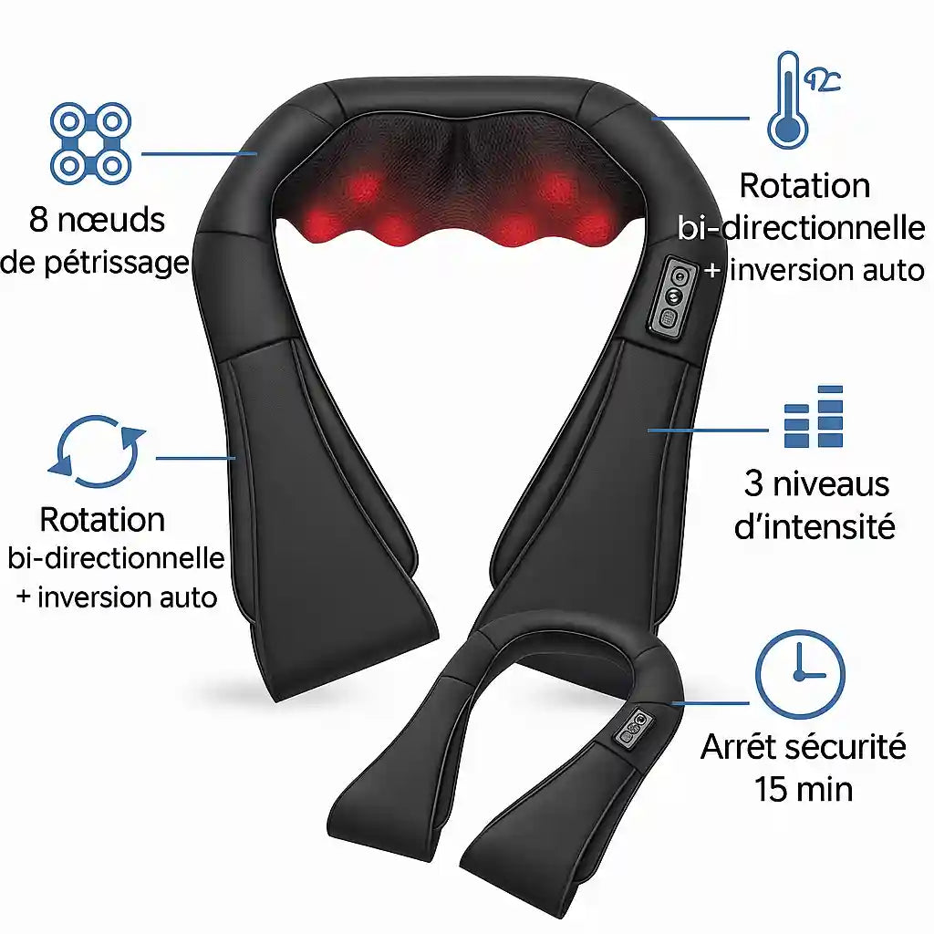 Homme travaillant sur son ordinateur portable au bureau, utilisant le masseur cervical ShiatsuNeck Pro™ sur ses épaules, démontrant son utilité pour soulager les tensions au travail.