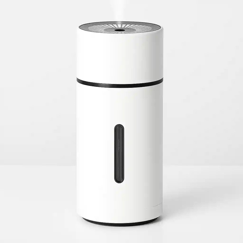 Humidificateur d'air ultrasonique AirPur Nomade™ blanc et noir, compact et portable, sur fond uni, soulignant son design moderne.