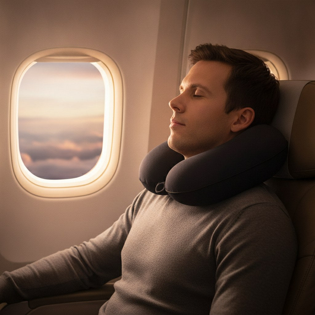 Coussin de voyage cervical porté en avion pour maintenir la nuque | Ergosia