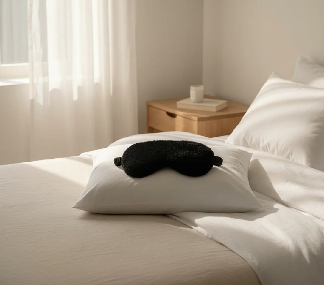 Masque sommeil velours sur oreiller dans chambre cosy | Ergosia