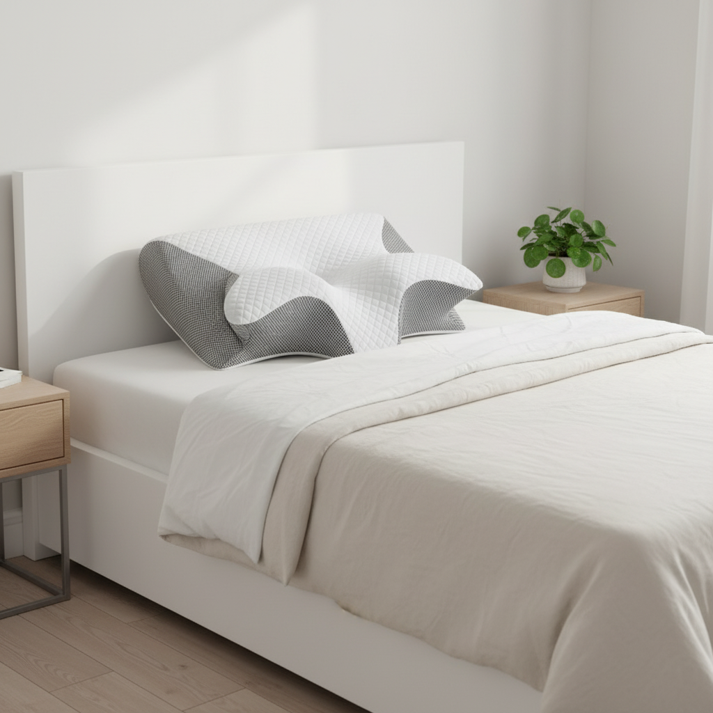 Oreiller cervical mémoire de forme en utilisation sur lit | Ergosia