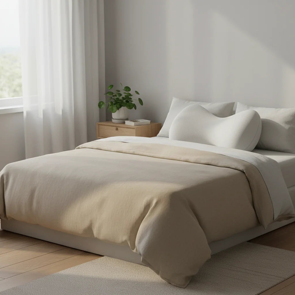 Oreiller contour mémoire de forme en utilisation sur lit scandinave | Ergosia