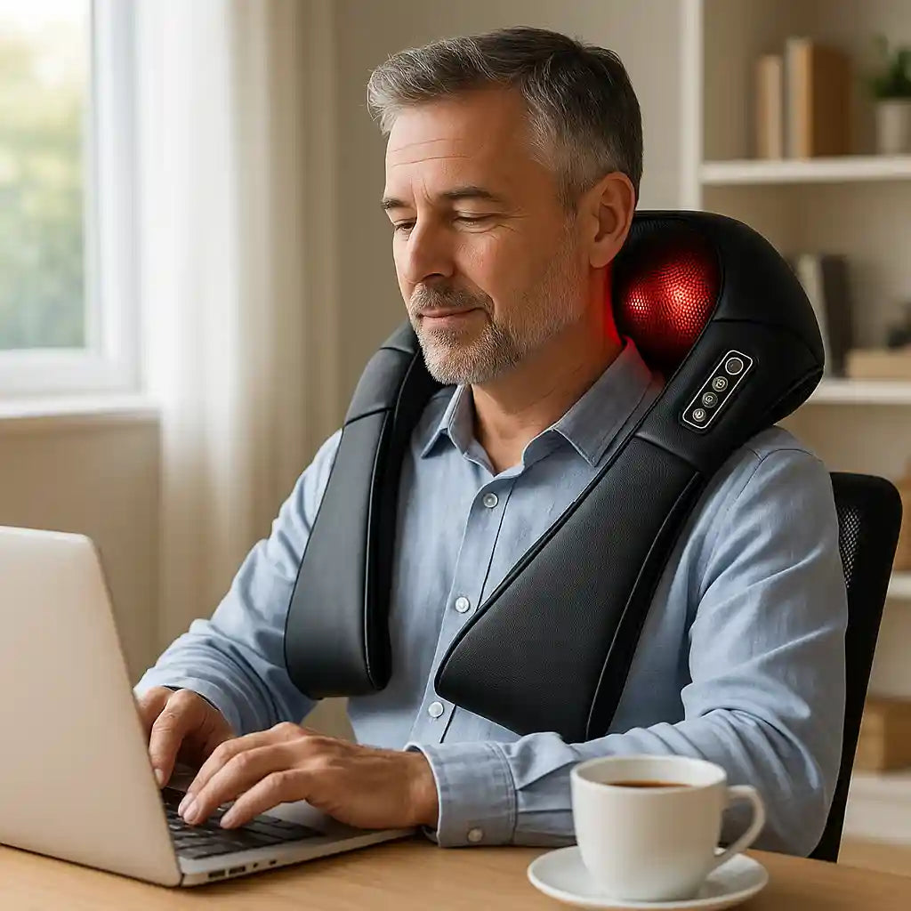 Schéma des caractéristiques du Masseur ShiatsuNeck Pro™ : 8 nœuds de pétrissage, rotation bi-directionnelle avec inversion auto, 3 niveaux d'intensité, et arrêt de sécurité de 15 minutes.