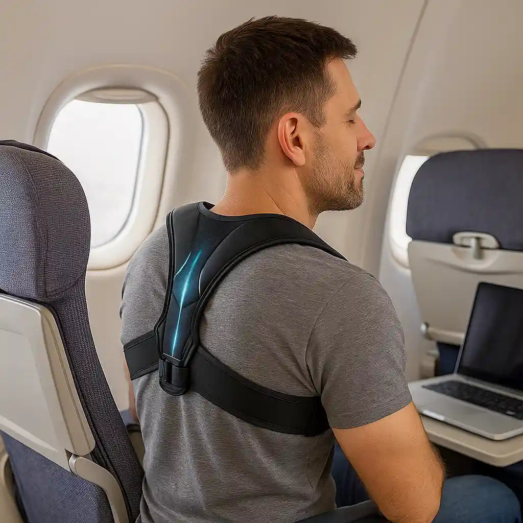 Homme portant le soutien dorsal AlignPro™ dans un avion, illustrant le confort et le maintien de l'alignement corporel en déplacement et lors de longs trajets.