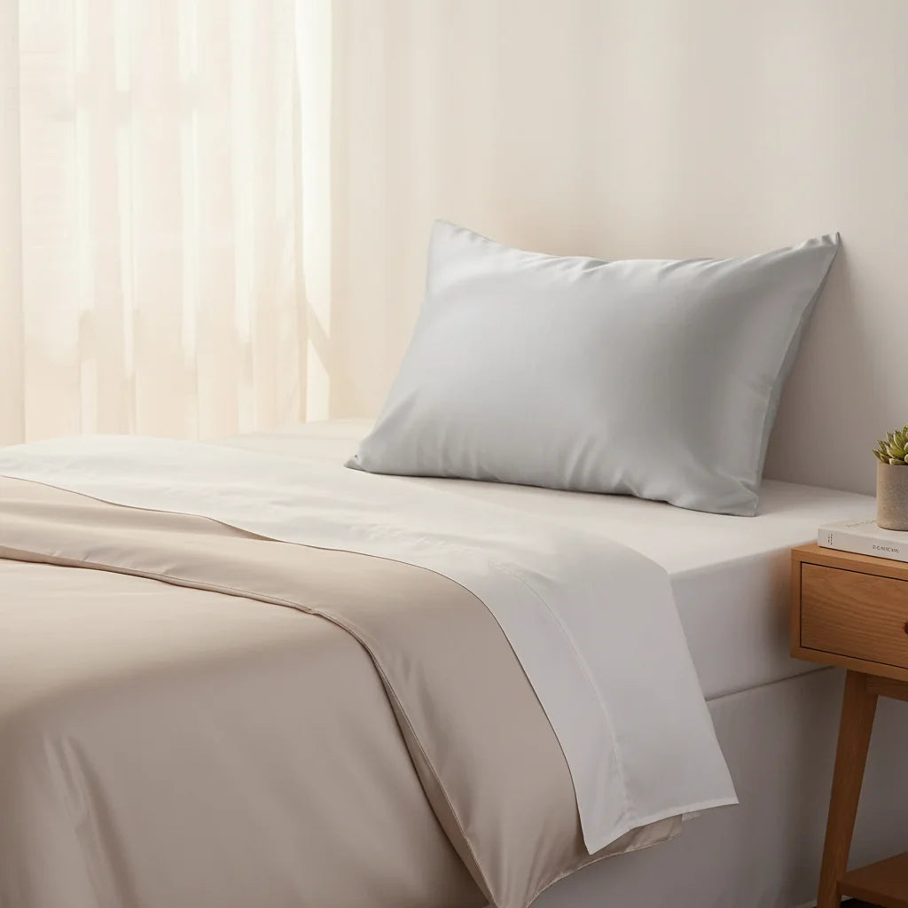 Taie oreiller soie satin sur lit Scandinave chambre cosy | Ergosia