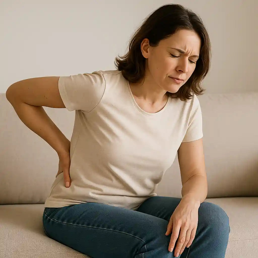 Femme ressentant une douleur sciatique aiguë en position assise, cherchant un soulagement rapide.