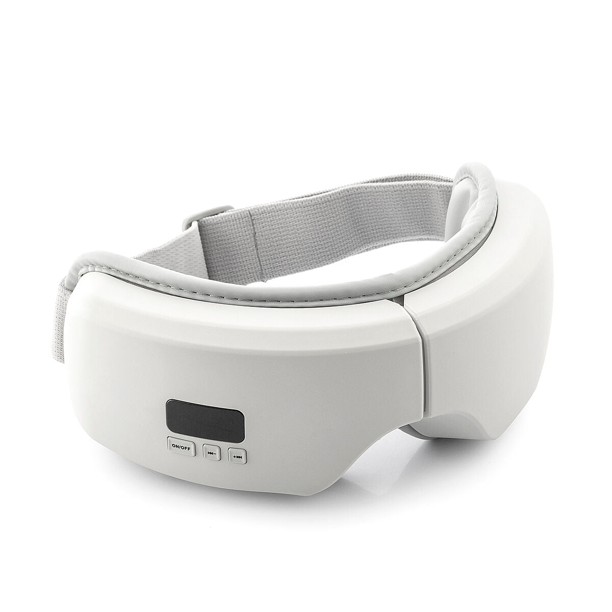 Masseur oculaire intelligent EyeSky blanc porté par une femme pour la relaxation