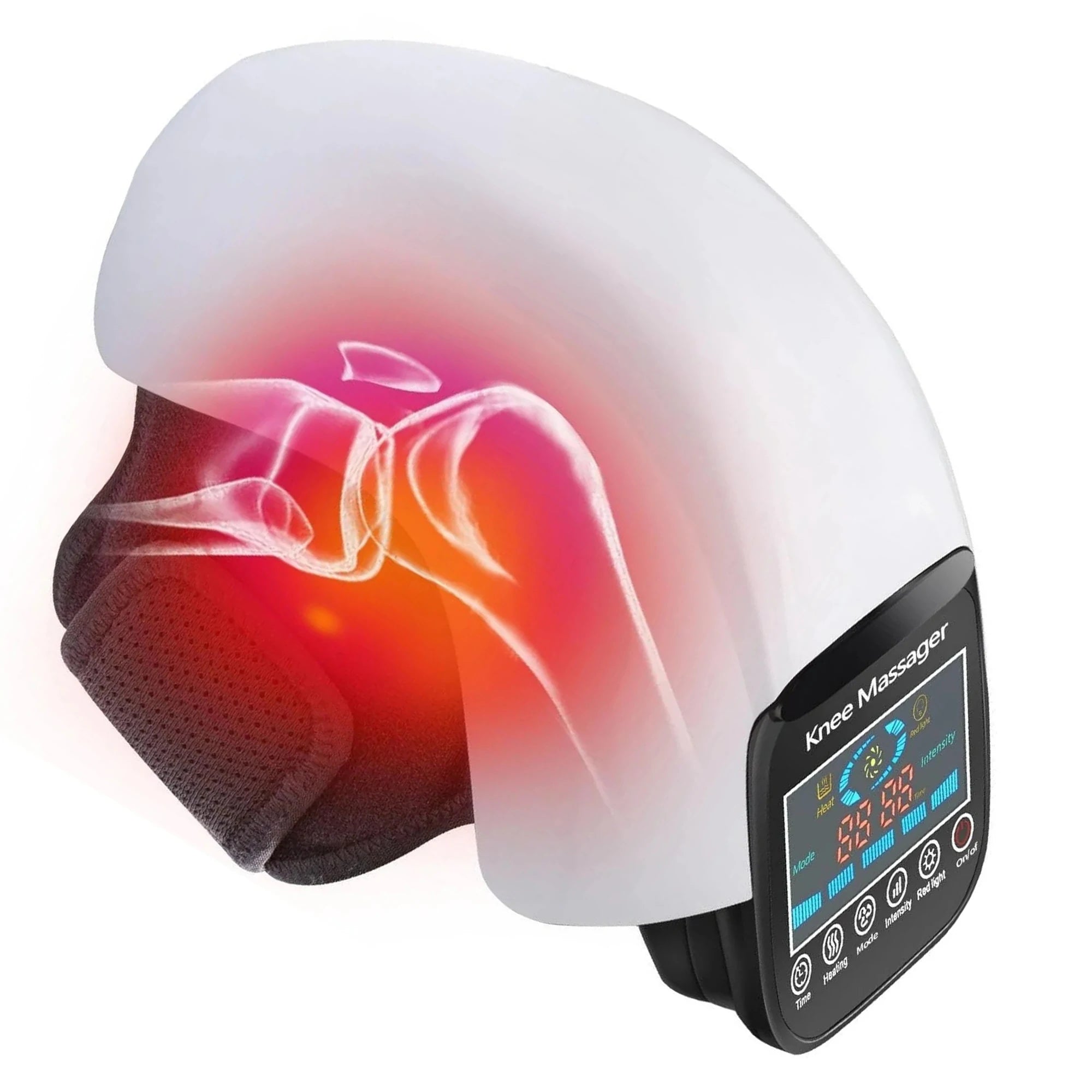 Genouillère thérapeutique ArthroFlex Pro™ montrant la diffusion de chaleur infrarouge et l'action ciblée sur l'articulation du genou pour soulager la douleur.