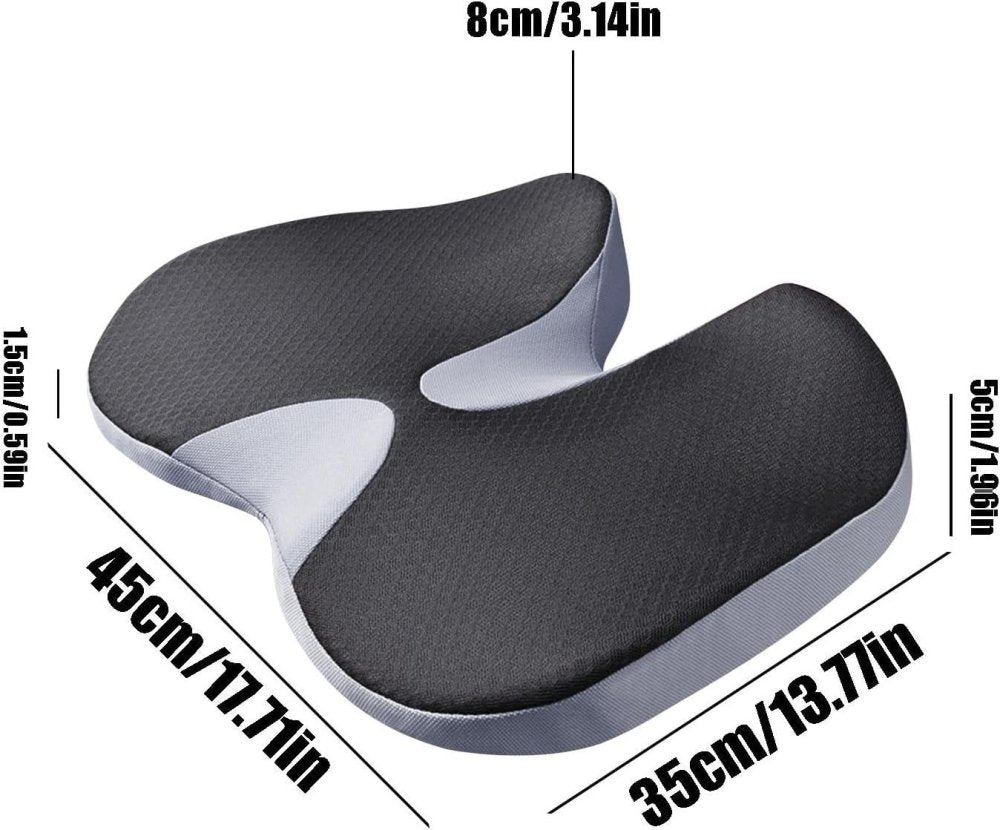 Schéma dimensionnel du Coussin Névralgie Pudendale indiquant longueur, largeur et épaisseur pour vérifier la compatibilité avec tout siège.
