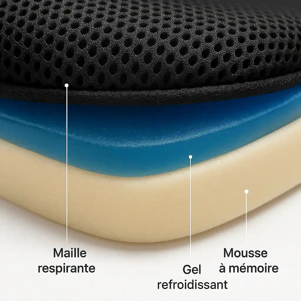 Gros plan haute définition : maille respirante, gel refroidissant bleu et mousse à mémoire du Coussin Névralgie Pudendale, focus qualité matériau.
