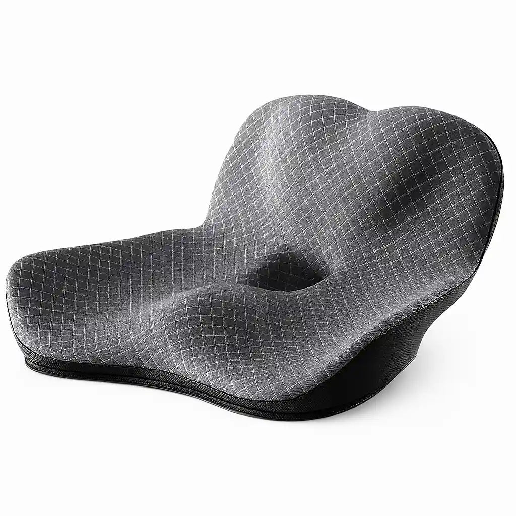 Coussin d'assise gris profilé avec ouverture centrale, vue oblique