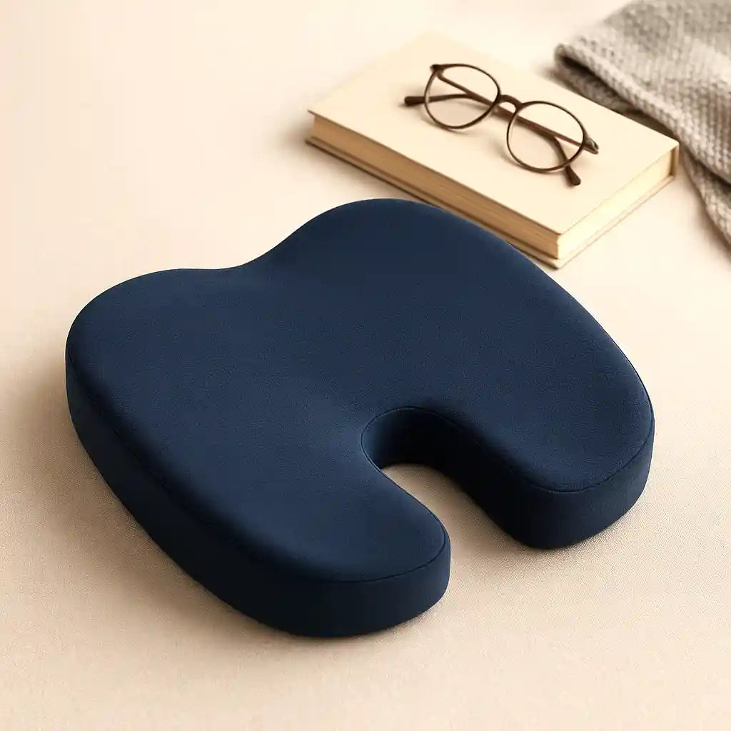 Coussin ergonomique coccyx bleu posé avec un livre et des lunettes